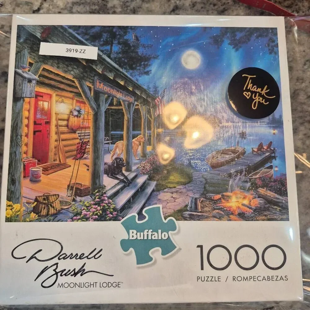 Buffalo Games Darrell Bush Moonlight Lodge 1000 pc Jigsaw Puzzle USED